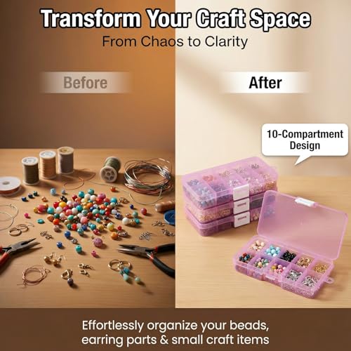 4-Pack Clear Pink Plastic Storage Boxes, 10-Compartment Durable Small Organizer Containers with Latching Closure, Ideal for Jewelry, Beads, Fishing Tackle, and Electronic Components - color: Pink
