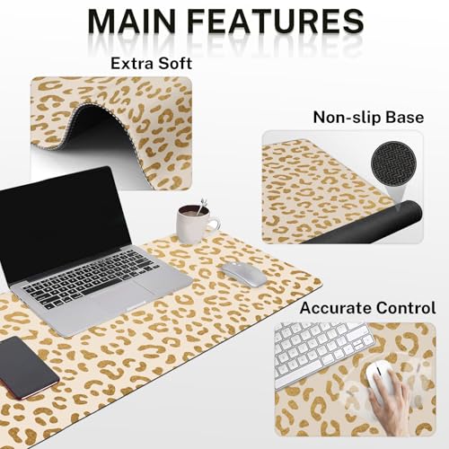 Arttown Leopard Desk Mat Gold Leopard Mouse Pad Set 4 in 1 Ergonomic Design Large Mouse Pad + Keyboard Wrist Rest + Mouse Wrist Rest + Coaster Suitable for Home Office Study Game - color: Gold Leopard