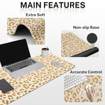 Arttown Leopard Desk Mat Gold Leopard Mouse Pad Set 4 in 1 Ergonomic Design Large Mouse Pad + Keyboard Wrist Rest + Mouse Wrist Rest + Coaster Suitable for Home Office Study Game - color: Gold Leopard