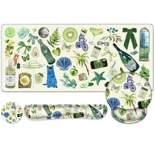 Mouse Pad, 4 in1 Large Desk Mat, Desk Pad Matt for Desktop, Anti-Slip XXL Big Computer Ergonomic Mousepad with Wrist Support for Keyboard and Mouse for Women I Green Theme Stickers - color: Green Theme Stickers