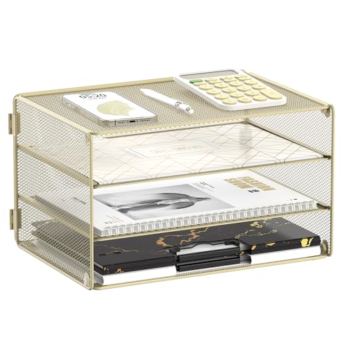 DALTACK 3 Tier Letter Tray Paper Organizer for Desk, Mesh Metal Desk File Organizer with Sliding Trays for Letter/A4 Paper, Mail, Bills & Folders, Yellow - color: Golden Yellow