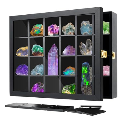 Adjustable Rock Display Case Wall Mounted, Crystal Collection Box with Shelves, Wooden Rock Collection Box for Kid and Collectibles