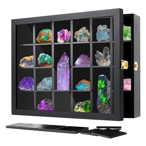 Adjustable Rock Display Case Wall Mounted, Crystal Collection Box with Shelves, Wooden Rock Collection Box for Kid and Collectibles
