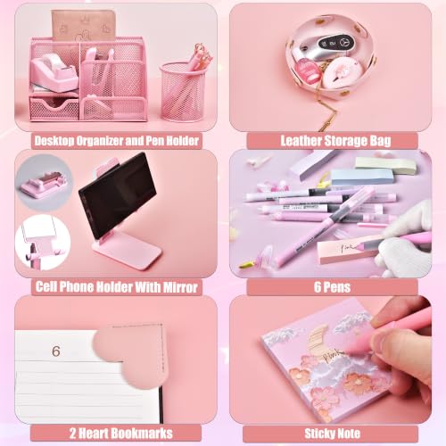 Pink Desk Accessories, 24Pcs Pink Office Supplies and Desk Organizers, with Tape Dispenser, Stapler, Staple Remover, Ect, Gift Box Packaging - color: Pink