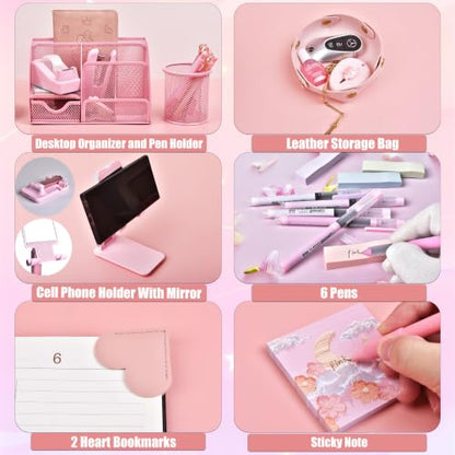 Pink Desk Accessories, 24Pcs Pink Office Supplies and Desk Organizers, with Tape Dispenser, Stapler, Staple Remover, Ect, Gift Box Packaging - color: Pink