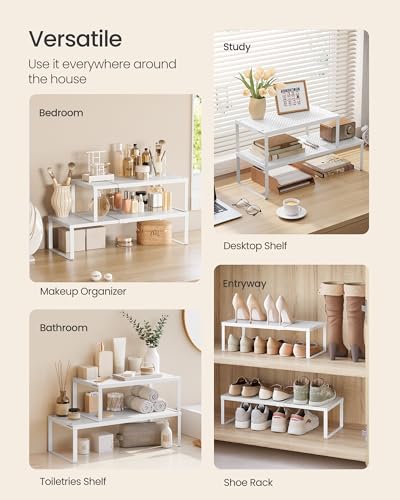 SONGMICS Spice Racks, Set of 3 Expandable Kitchen Countertop Shelves, Small Cupboard Organizers, Metal, Space-Saving Tabletop Shelves, Matte White UKCS403WC01 - color: Matte White, size: Set of 3