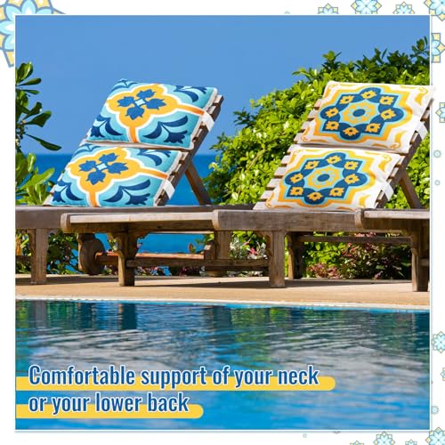 Juexica 2 Pack Chaise Lounge Pillow with Strap Outdoor Waterproof Beach Chair Neck Headrest Pillow Adjustable Elastic Band for Hammock Lumbar Recliner Pillows for Patio Pool Chair(Boho Blue Flower) - style: Boho Blue Flower