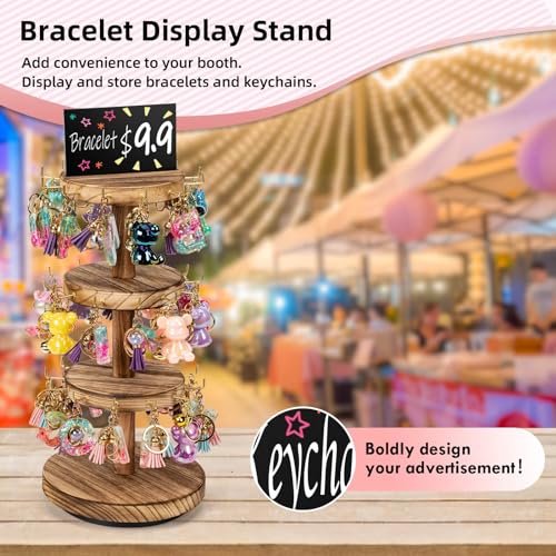 Pinzoveco Bracelet Holder, 3 Tier Wooden Rotating Bracelet Display Stand, Tree Stand Vendor Booth Display with Adversitsing Board, 36 Hooks for Bracelet, KeyChain Display Stands for Selling, Brown (Patent Pending) - color: Carbonized Brown