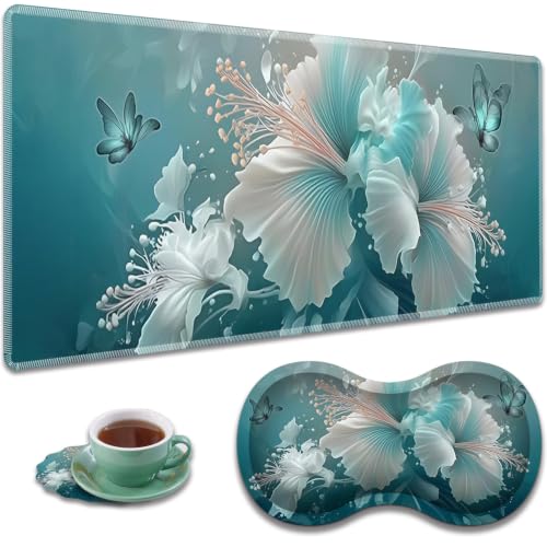 Large Gaming Mouse Pad + Wrist Rest+ Coaster Combo, 31.5 "x 11.8" Durable Non-Slip Extension Table Mat, Suitable for Office and Home, Blue Art Butterflies - color: Blue Art Butterflies