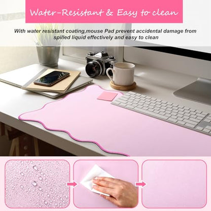 Hahafelt Scalloped Desk Mat Large Desk Pad Cute Coquette Table Mat Back to School Preppy Table Make up Pad Nonslip Graduation Gift with Stitching Waterproof Gaming(Pink,36 x 17 Inches) - color: Pink, size: 36 x 17 Inches
