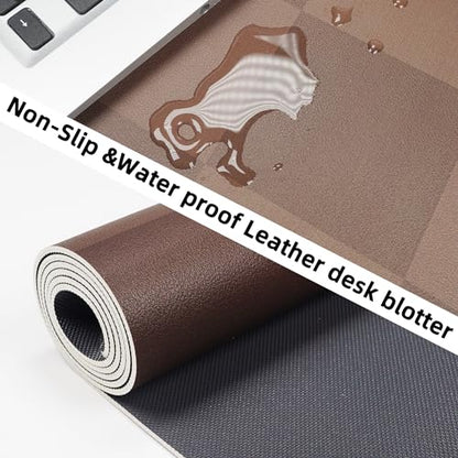 AFIING Brown Checkered Desk Pad 31.5" x 12" | Waterproof PU Leather, Non-Slip Rubber Base, Checkered Design, Office & Home - color: Brown