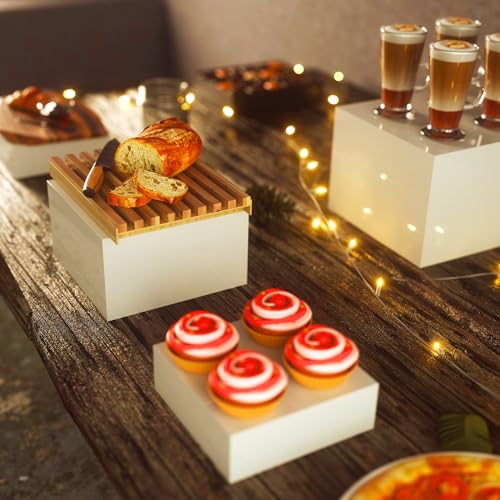 8” Buffet Risers with Mini Signs, Buffet Table Risers and Stands, Acrylic Cube Display Box for Catering Party Table Food Display, Dessert, Cakes - White, Set of 8 Boxes - color: 8 Pack