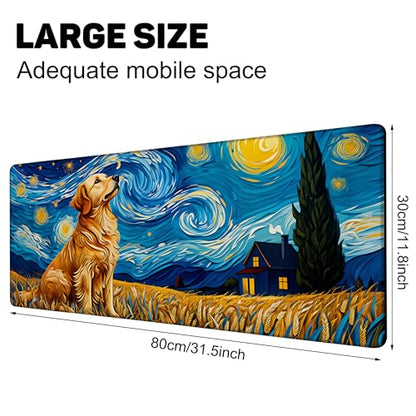 Dog Under Starry Night Gaming Mouse Pad Large Desk Mat Extended Keyboard Anime Mousepad with Non-Slip Base and Stitched Edge for Desk Home Office Gaming,31.5 x 11.8 Inch - color: Dog under Starry Night, size: 11.8*31.5inch