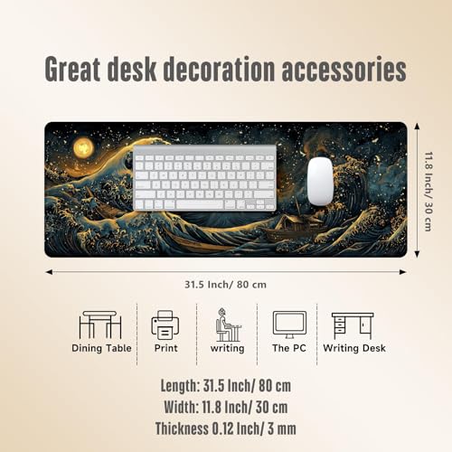 Extended Gaming Mouse Pad, Large Mouse Mat 3 mm Nature Rubber Base Mousepad with Stitched Edges, Non-Slip Desk Mat for Office Home Great Gift 31.5x11.8 Inch (Great Wave 2) - color: Great Wave 2