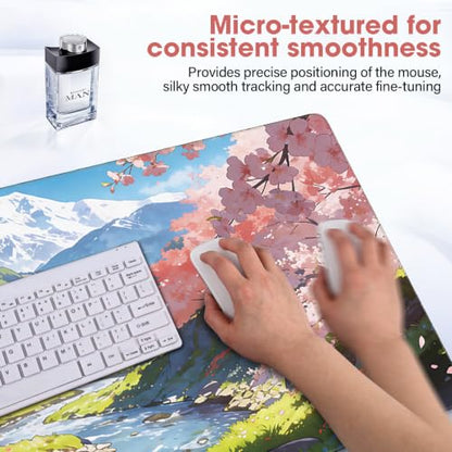 Cherry Blossom Anime Large Gaming Mouse Pad, 31.5x15.7 Inch, Non-Slip Rubber Base, Stitched Edges, Waterproof Desk Mat - color: Stream, size: 31.5" x 15.7"