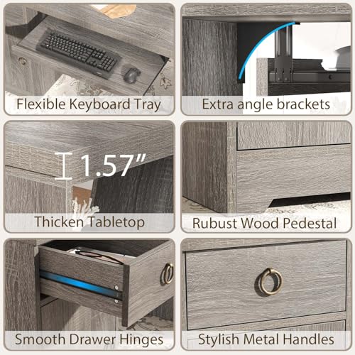 HSH 55" Office Computer Desk with Drawers, Farmhouse Grey Executive Desk with Storage Shelves and Cabinet, Modern Wooden Computer Table Teacher Desks with Keyboard Tray for Home Writing Work Study - color: Light Grey Oak