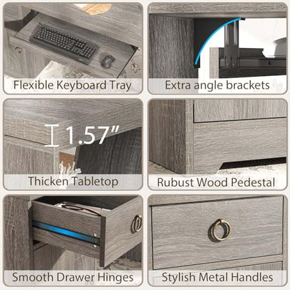 HSH 55" Office Computer Desk with Drawers, Farmhouse Grey Executive Desk with Storage Shelves and Cabinet, Modern Wooden Computer Table Teacher Desks with Keyboard Tray for Home Writing Work Study - color: Light Grey Oak