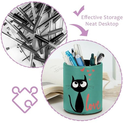 Cat and Love Pen Holder Pencil Organizer for Desk, 3.1” x 3.1” x 3.9” Pencil Cup Office Supplies, Large Capacity Cute Pen and Makeup Brush Holder for Home, School, Desktop - color: Cat and Love