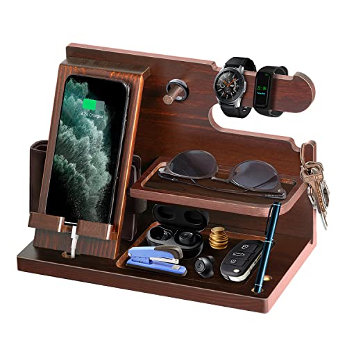 Gifts for Men Wood Phone Docking Station for Mens Gifts for Christmas Husband Anniversary Dad Birthday Gifts for Men or Dad - Nightstand Organizer Purse Father Desk Accessories & Workspace Organizer - color: Brown-5