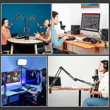 Microphone Boom Arm, Professional Desk Mic Stand with 1/4", 3/8", 5/8" Adapters, Heavy-Duty Clamp, Wide Compatibility for Yeti, AT2020, Podcasting, Streaming & Recording