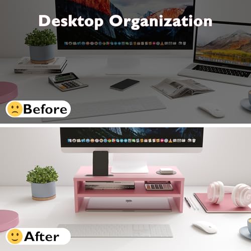 BONTEC Wooden Monitor Stand Riser, 2-Tier Desk Shelf with Storage Organizer, Ergonomic Computer Stand with Cable Management, Cellphone Holder, Pink, 16.5 Inch - color: Pink, size: 16.5 Inch