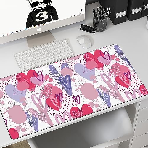 MIOAOSRT Desk Mat,Pink and Violet Hearts Gaming Mouse Pad,XXL Extended Mouse Pad Mat for Office,Computer,Keyboard with Non-Slip Base Stitched Eges Mousepad 35.4x15.75 inch - color: Pink and Violet Hearts