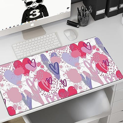 MIOAOSRT Desk Mat,Pink and Violet Hearts Gaming Mouse Pad,XXL Extended Mouse Pad Mat for Office,Computer,Keyboard with Non-Slip Base Stitched Eges Mousepad 35.4x15.75 inch - color: Pink and Violet Hearts