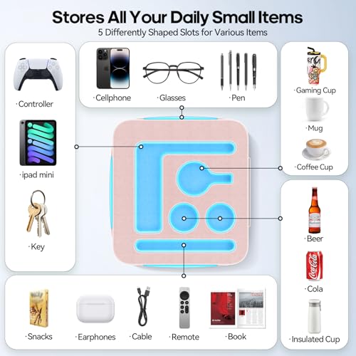 Couch Cup Holder Tray, Couch Caddy for Drink, Snack, Phone, Remote, Ipad, Game Controller, Large-size Sofa Cup Holder for Bed, Sofa, Car, Desk, Pink - color: Pink, size: L-14"×15"×3.2"
