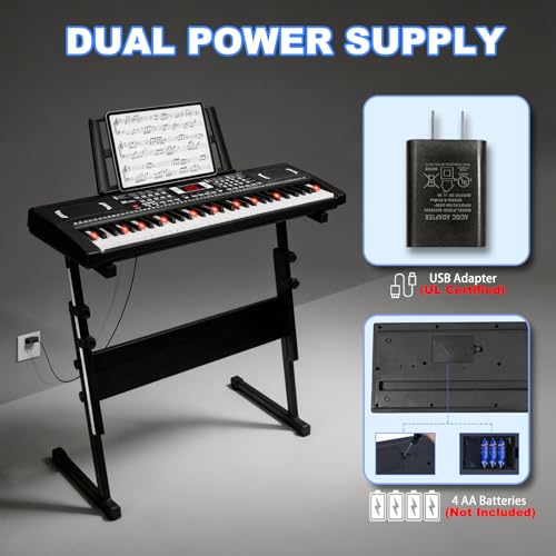 Keyboard Piano 61 Lighted Keys, Electric Keyboard Kit with 100 Voices, 100 Rhythms - Built-In Speaker, Microphone, Sheet Stand and Power Supply, Gift for Children Beginners [Black, Piano with Stand] - color: Black