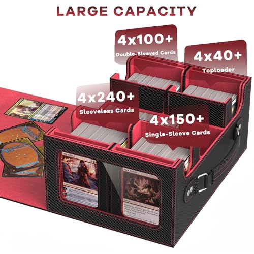 Commander Deck Box for MTG Fits 400+ Double-Sleeved Card Storage, 4 IN 1 Removable Card Case with Multi-purpose Deck Case, Display Window for TCG/PTCG/EDH, 4 Magnetic One Touch Holders(Black Red) - color: Black Red