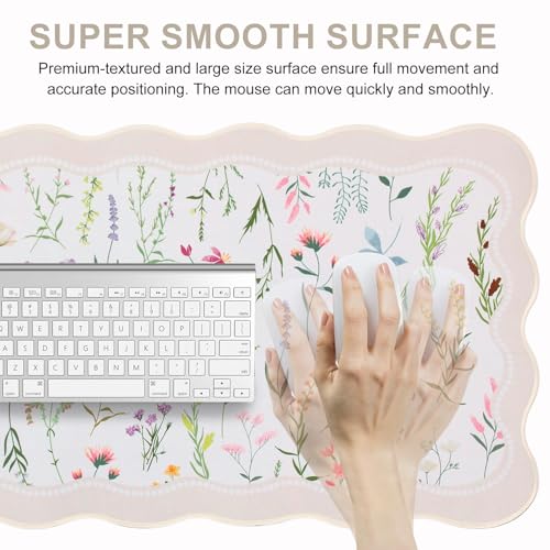 L-SPOUTTO Floral Mouse Pad,Botanical Desk Mat XXL Large Scalloped Gaming Mousepad,35.4x15.7in Non-Slip Keyboard Pad Waterproof Desktop Mat for Laptop Computer Work Game Home Office-Wild Flowers - color: Wild Flowers