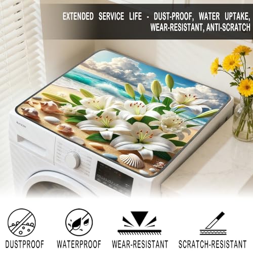 Nuxovilar Beach Lilies & Seashells Dryer Cover for the Top, Non-slip Washer & Dryer Protector, 23.62"x19.68" Dust-proof Washing Machine Mat, Diatom Mud Polyester Top Pad for Laundry Room - color: YHC00301