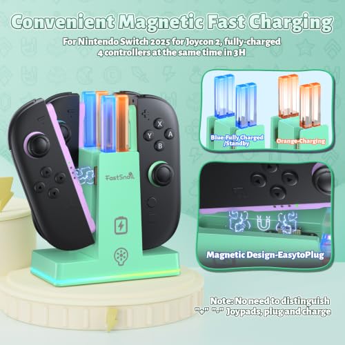 FASTSNAIL Charging Dock for Nintendo Switch 2(2025) for Joypad 2, Dual-Direction Magnetic Fast Controller Charger Station with 9 RGB Light & Charging Cable for Joypad 2 Stand (Light Green) - color: Light Green, size: 7.9 inch