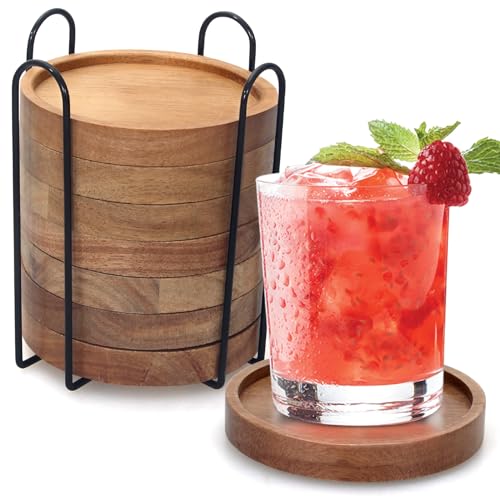 Rustic Wooden Coasters Set of 8 Farmhouse Coffee Table Decor Acacia Wood Drink Coaster with Holder Modern Outdoor Bar Cool Cup Costers Kitchen Accessories Decoration Home Dining Coasters Gift - style: 8 Pcs