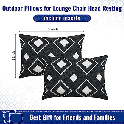 Juexica 2 Pack Chaise Lounge Pillow with Strap Outdoor Waterproof Beach Chair Neck Headrest Pillow Adjustable Elastic Band for Hammock Lumbar Recliner Pillows for Patio Pool Chair(White and Black) - style: White and Black