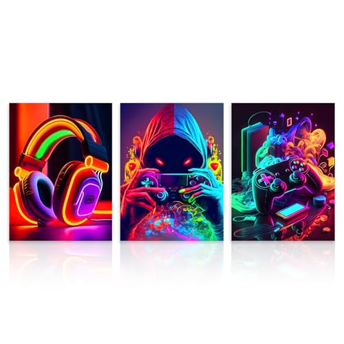 Dazzlewall 3Pcs Neon Gamer Wall Art Set, Vibrant Headphone Player Controller Posters for Game Room Bedroom Decor 12x16 in Unframed - color: Neon Game Vibes, size: 12x16 in