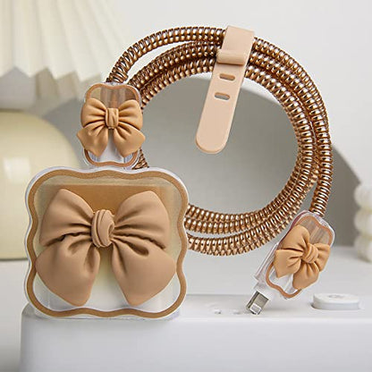 Compatible with iPhone 18W/20W USB-C Charger Cover Cute 3D Bow Tie Design Clear Soft Charger Protector Kawaii Cable Saver for iPhone 11 12 13 14 Pro Max Fast Power Adapter, Brown 2 (5in1) - color: Brown 2 (5 in 1)