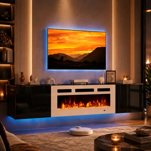70'' Floating TV Stand with 36" Electric Fireplace, Wall Mounted Entertainment Center for TVs up to 80", Adjustable 12-Color LED Lights Media TV Console for Living Room,Black & White - color: Black & White, size: 70 IN