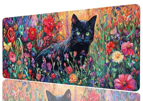 Black Cat Desk Mat Vibrant Wildflower Garden Colorful Fantasy Art XL Mouse Pad Large Mousepad Extended Laptop Keyboard Mat Gaming Desk Pad Mouse Mat 31.5x11.8 Inch - color: Black Cat