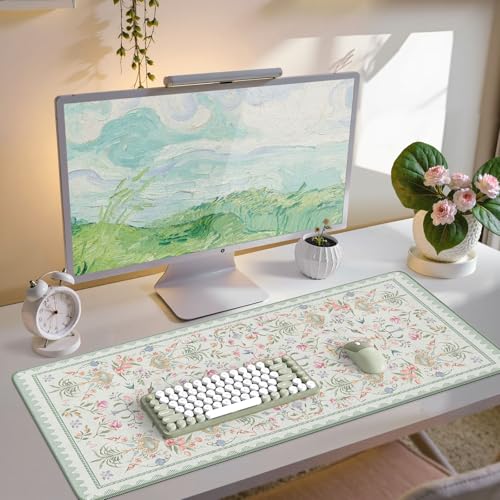 iCasso Desk Cover Mat Green,Extra Large Mouse Pad for Desktop,Anti-Slip Keyboard Pad with Stitched Edges,Cute Floral Computer Mat for Women,Aesthetic Desk Protector for Office Home Dorm - color: Palace Flowers-green