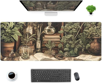 Retro Olive Green Plant XL Large Extended Gaming Mouse Pad Cool Plants Lovers Desk Mat with Stitched Edges, Non-Slip Rubber Base Mousepad, Laptop Computer Keyboard and Mouse Mat 31.5x11.8 in - color: Olive Green Plant, size: 31.5" x 11.8"