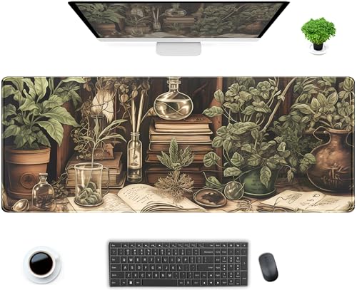 Retro Olive Green Plant XL Large Extended Gaming Mouse Pad Cool Plants Lovers Desk Mat with Stitched Edges, Non-Slip Rubber Base Mousepad, Laptop Computer Keyboard and Mouse Mat 31.5x11.8 in - color: Olive Green Plant, size: 31.5" x 11.8"