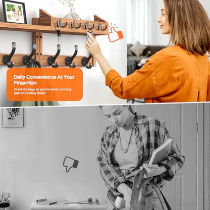 Evermagin 29" Coat Rack Wall Mount with Shelf, 4 in 1 Wall Mounted Coat and Key Hanger with 11 Hooks, Entryway Key Holder with Mail Holder for Living Room, Bedroom - color: Brown, size: 29 inch