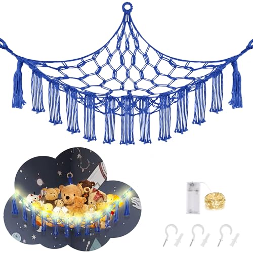 CERETIA Stuffed Animal Hammock with LED Light, Toy Hammock for Stuffed Animals Storage for Kids Room Decor, Stuffed Animal Hammock Corner, Royal Blue - color: Royal Blue, size: Large-(Package of 1)