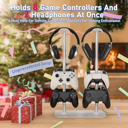 MANMUVIMO Headset Controller Stand for 2 Headset and 8 Controller, Headphone Stand Gaming Controller Holder for PS5 Xbox Airpods Beats Bose, Gaming Room Accessories, Gamer Gifts for Men (White) - size: 2 Headphone 8 Controller Holder White