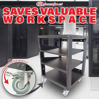 AxcessAbles 12U Open Frame Network & AV Rack with Caster Wheels, Two 2U Shelves, 10-32 & Cage Nut Compatible Rails, Cage Nuts, Screws, Cage Nut Tool & Wall Mount Kit | 19-Inch Rack - size: 12U - 2 Shelves