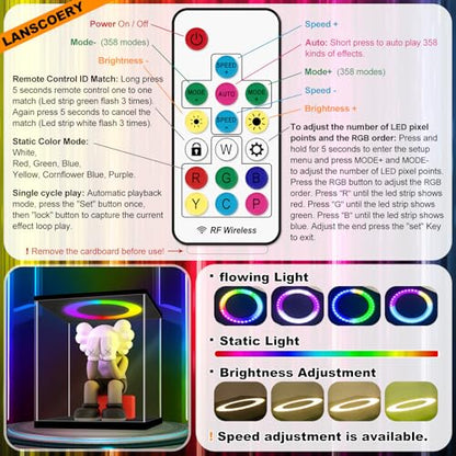 LANSCOERY Acrylic Display Case 17.7x17.7x17.7 in, 10mm Base, RGB Ring Light, 3mm Clear Panels, Front Door for Action Figures and Models - size: 17.7x17.7x17.7inch; 45x45x45cm