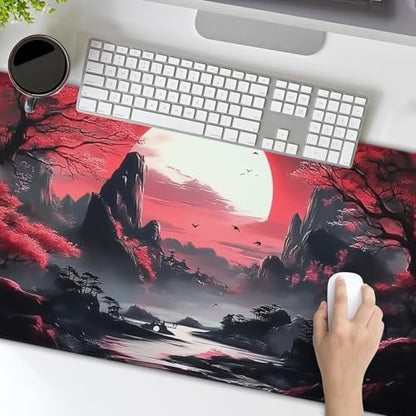 Black Red Japanese Gaming Mouse Pad XL Moon Sakura Cherry Blossom Extended Big Large Desk Mat Non-Slip Rubber Base Stitched Edge Long Keyboard Mousepad for PC Computer Laptop,31.5×11.8 in - color: Red Japanese Sakura, size: X-Large