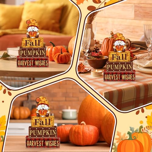 4 Pcs Fall Decorations for Home Thanksgiving Gnome Tiered Tray Decor, Fall Table Decor Farmhouse Rustic Wooden Gnome Pumpkin Block Sign Autumn Tabletop Centerpieces for Home Kitchen Indoor - style: Gnome