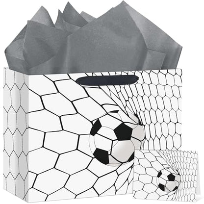 Hooqict Large Soccer Gift Bag Soccer Birthday Gift Bag with Handles, Wrapping Paper, Greeting Card for Kids Boys Teens Men Sports Themed Birthday Goodie Treat Party Favors - color: Soccer